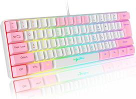 60% Laidinė RGB žaidimų klaviatūra 61 klavišas Nešiojamoji klaviatūra su 11 RGB šviesų, plūduriuojantis ABS klavišų dangtelis Visiškai apsaugotas nuo vaiduoklio klavišų mechaninis USB jausmas, skirtas kompiuteriui "Windows", balta rožinė