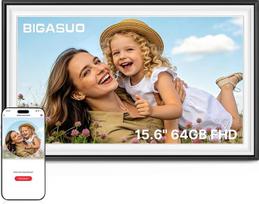 64GB "Frameo WiFi" skaitmeninių nuotraukų rėmelis, 15,6 colio, juodai baltas, 1920 x 1080P FHD IPS jutiklinio ekrano nuotraukų rėmelis, elektroninis, 64GB atminties, automatinis pasukimas, tvirtinimas prie sienos, dalijimasis nuotraukomis ir vaizdo įraš