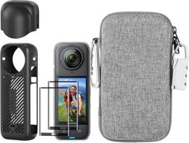 7-in-1 suderinamas su "Insta360 X4" priedų rinkinys, silikoninis fotoaparato dėklo dangtelis ir objektyvo dangtelis, 2 vnt. 3D ekrano apsauginės plėvelės, nešiojimo krepšys su fiksavimo kabliuku ir užraktu nuo praradimo (juodas)