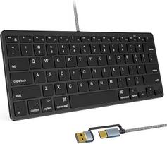 78 klavišų kompaktiška laidinė klaviatūra "Mac", USB A/USB C "Plug and Play", itin plona USB mini klaviatūra, suderinama su "Apple MacBook", "iMac", "Mac mini/Pro", nešiojamaisiais kompiuteriais, asmeniniais kompiuteriais, juoda