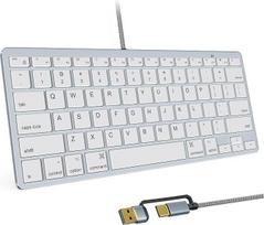 78 klavišų kompaktiška laidinė klaviatūra "Mac", USB A/USB C "Plug and Play", itin plona USB mini klaviatūra, suderinama su "Apple MacBook", "iMac", "Mac mini/Pro", nešiojamaisiais kompiuteriais, asmeniniais kompiuteriais, sidabriškai balta