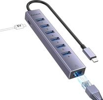 8 in 1 USB šakotuvas su 6 USB 3.0, 1000M Ethernet, USB-C 5V adapteris šakotuvui, nešiojamojo kompiuterio USB skirstytuvas į RJ45 Gigabit LAN tinklo adapterį "MacBook", "Surface Pro", "Windows" (šviesiai pilka, 20 cm)