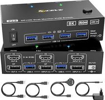 8K KVM jungiklis 2 kompiuteriams 2 monitoriams 8K @ 60Hz 4K @ 144Hz Displayport + HDMI Dviejų monitorių KVM jungiklis, skirtas 2 kompiuteriams dalytis 2 monitoriais ir 4 USB 3.0 įrenginiais, kabelinis nuotolinio valdymo pultas, 12 V maitinimo šaltinis ir