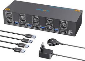 8K KVM jungiklis 4 kompiuteriams 3 monitoriams 4K @ 144Hz 8K @ 60Hz, HDMI 2.1+ 2 DisplayPort 1.4 KVM jungiklis 4 prievadams 4 kompiuteriams, skirtas dalytis 3 monitoriais ir 4 USB įrenginiais, trijų monitorių KVM su laidiniu nuotolinio valdymo pultu ir 4