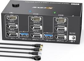 8K@60Hz 4K@144Hz KVM perjungiklis 2 PC 3 monitoriams, KVM perjungiklis trims monitoriams su 4 USB 3.0 prievadais, maitinimo šaltiniu, laidiniu nuotolinio valdymo pultu ir HDMI DisplayPort USB kabeliai