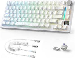 A.JAZZ X ATTACKSHARK 75% X820Ultra belaidė mechaninė klaviatūra ir C01Ultra kabelis, 2.4G/BT/USB-C laidinė, 80 klavišų, TFT spalvotas ekranas ir CNC mygtukas, RGB, "Hot-Swap", 4000 mAh, balti kontūrai (violetinis jungiklis)