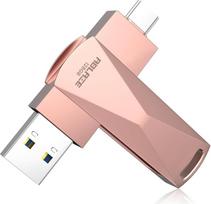 ABLAZE 128GB USB C atmintinė, dviguba USB 3.0 + C tipo, suderinama su "iPhone 16/15", "Android" išmaniaisiais telefonais, kompiuteriais, planšetiniais, "Mac" ir nešiojamaisiais kompiuteriais (rožinis auksas)