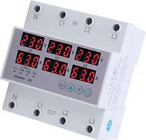 AC390-500V elektros skaitiklis, 3 fazės, DIN bėgiai, voltmetras, ampermetras, DIN bėgis, apsauga nuo viršįtampių, automatinis atstatymas, skaitmeninis ekranas, voltai, srovė, realus laikas (63A)