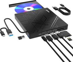 AGPTEK 8 in 1 išorinis CD/DVD diskas nešiojamajam kompiuteriui, USB 3.0 itin plonas nešiojamasis kompaktinių diskų įrašymo įrenginys su 4 USB prievadais ir 2 TF/SD kortelių lizdais, suderinamas su nešiojamaisiais kompiuteriais, "Mac", PC, "Windows 11/10/8