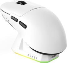 AJAZZ AJ159 PRO belaidė žaidimų pelė su PAW3395 jutikliu ir magnetiniu pagrindu, 26 K DPI, 2.4G/USB-C/BT palaikymas, 400 mAh akumuliatorius, lengva 56 g konstrukcija, RGB apšvietimo efektai, baltos spalvos