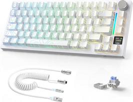 AJAZZ X ATTACKSHARK 75% X820Ultra belaidė mechaninė klaviatūra ir C01Ultra kabelis, 2.4G/BT/USB-C laidinė, 80 klavišų, TFT spalvotas ekranas ir CNC mygtukas, RGB, "Hot-Swap", 4000 mAh, balti kontūrai (Shark Switch)