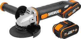 Akumuliatorinis kampinis šlifuoklis WORX WX803 20 V - lengvas su pagalbine rankena - tuščiosios eigos greitis 8600/min - disko skersmuo 125 mm - disko keitimas be papildomų įrankių - su 2 akumuliatoriais (2,0 ir 4,0 Ah), įkrovikliu ir dėklu