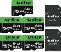 AreTop 64GB Micro SD kortelė, SD kortelė 5 Stück, SDXC, U3, V30, C10, UHS-I, greitoji kortelė su adapteriu planšetiniam kompiuteriui/Drohne/Dashcam/Kamera/Telefon/Nintendo-Switch/PC, maksimali sparta 100MB/s