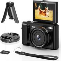 ARNNSSIEN 4K skaitmeninis fotoaparatas su 2,8 colio 180° sulankstomu ekranu, kompaktiškas fotoaparatas su 16 kartų priartinimu, fotoaparatas su fotokamera, lengvai nešiojamas dizainas, kortelė kelionėms, integruota 1500 mAh baterija 2 valandoms įrašymo, Y