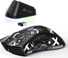 ATTACK SHARK V3PRO belaidė žaidimų pelė su magnetine įkrovimo stotele, "PixArt PAW3311" jutiklis, iki 25000 DPI, BT/2.4Ghz/kabelis, 100 mln. paspaudimų, 500 mAh, 65 g, itin lengva, skirta PC/Xbox/PS/Mac - juoda ir juosta