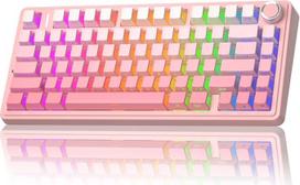 AULA F75 PRO mechaninė klaviatūra su tyliaisiais jungikliais, 2,4 GHz/Type-C/BT5.0, tarpinės konstrukcija, šoninis graviravimas, 3-pusė, permatoma RGB, "Hot-Swap", belaidė žaidimų klaviatūra, 75 proc. (pastelinės rožinės spalvos)