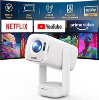 Aurzen D1 oro išmanusis projektorius su "Netflix", 16 W "Dolby Audio", lauko projektorius 1080P su HDR10 ir 4K palaikymu, 180° pasukamas mini nešiojamasis projektorius su USB-C PD, TOF automatinio fokusavimo funkcija, trapecijos formos