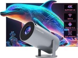 Automatinis geometrijos posūkio korekcijos mini nešiojamasis projektorius, 4K/200 ANSI išmanusis projektorius su "WiFi6", BT 5.4, 130 colių ekranu, 180 laipsnių apvertimo kampu, apvalus dizainas, namų kino projektorius