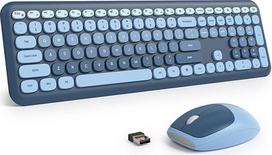 Belaidė klaviatūra ir pelė, retro spalvinga klaviatūra su tyliąja pele, amerikietiška QWERTY, miela belaidė rašomosios mašinėlės klaviatūra, viso dydžio, USB 2,4 GHz, skirta kompiuteriui (Ocean Blue)