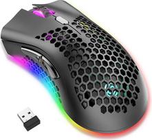 Belaidė žaidimų pelė, kompiuterinė pelė su korine dėže, 7 programuojamais mygtukais, 3 reguliuojamais DPI, USB imtuvas, nešiojamoji, ergonomiška RGB optinė žaidimų pelė, skirta nešiojamiesiems kompiuteriams, juoda