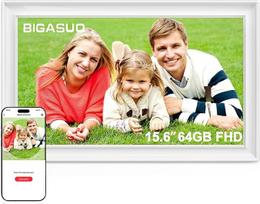 BIGASUO 64GB 15,6 colių "Frameo" skaitmeninis nuotraukų rėmelis, "WiFi", 1920 x 1080 IPS FHD jutiklinis ekranas, baltas, nuotraukų siuntimas iš telefono
