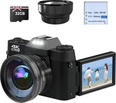 CCN skaitmeninis fotoaparatas 4K 48 MP fotokamera su 180° apverčiamu 3,0 colių ekranu, 16 kartų skaitmeninio priartinimo kompaktinis fotoaparatas, 64GB TF kortelė, su makroobjektyvu ir plačiakampiu objektyvu, "WiFi" funkcija, atnaujinta versija, juoda