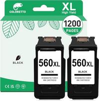COLORETTO restauruota rašalo kasetė, pakeičianti "Canon PG-560XL 560 XL", skirta naudoti su "Pixma TS5350 TS7450 TS5351 TS5352 TS5353 TS7451" (2 juodos spalvos), daugkartinė pakuotė
