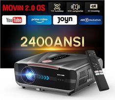 Dienos šviesos projektorius 2400 ANSI Ultra HD 4K HDR10+ išmanusis projektorius su 2026 automatiniu objektyvo dangteliu, automatiniu fokusavimu, HDMI eARC/CEC, "WiFi6", "Bluetooth5.4", 40 W DB garso aparatūra namų kinui, žaidimams, montavimui ant lubų
