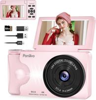 Digitalkamera 4K Video 64MP Autofokus Fotoapparat für Vlog mit 3" 180° Klappdisplay, Ponovo Kompaktkamera für Party, 18X Zoom, 2000mAh Batterie, 32GB Small Kamera Fotokamera Tragbar für Teenager, Rosa