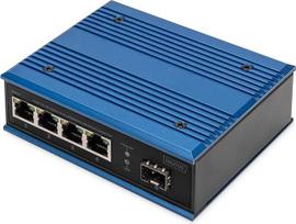 DIGITUS PoE tinklo komutatorius - 5 prievadų Gigabit Ethernet - 4X RJ45 + 1x SFP prievadas - nevaldomas - 10/100/1000Mbps - DIN bėgeliai ir tvirtinimas prie sienos - IP40 - pramoninės serijos - mėlynas