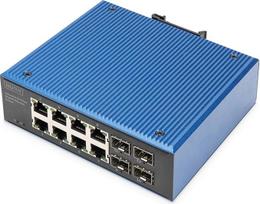 DIGITUS tinklo komutatorius - 12 prievadų "Gigabit Ethernet" - 8X RJ45 + 4x SFP - IP40 - 10/100/1000Mbit/s - tvirtinimas ant DIN bėgio - pramoninė serija - juoda/mėlyna