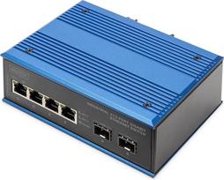DIGITUS tinklo komutatorius - 6 prievadų "Gigabit Ethernet" - 4X RJ45 + 2x SFP - IP40 - 10/100/1000Mbit/s - tvirtinimas ant DIN bėgio - pramoninė serija - juoda/mėlyna