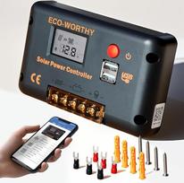 ECO-WORTHY 30A įkrovimo valdiklis saulės 12 V/24 V PWM su "Bluetooth" ir "App" stebėjimu, išmanusis akumuliatoriaus valdiklis saulės kolektoriui su 2 USB prievadais, skirtas AGM/LiFePO4/GEL saulės sistemai kemperiuose