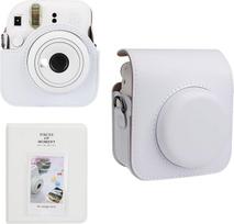 Fotoaparato dėklas ir 64 kišenėlių nuotraukų albumas, suderinamas su "Fujifilm Instax Mini 12" momentiniu fotoaparatu, PU odos nešiojamasis Mini 12 fotoaparato krepšys su reguliuojamu dirželiu per petį (baltas)
