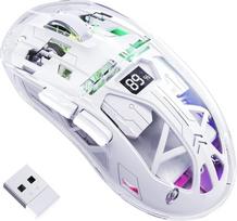 FREEWOLF A2 belaidė žaidimų pelė, dviejų režimų 2.4G/Bluetooth kompiuterio žaidimų pelė, RGB pelė su akumuliatoriaus ekranu, permatomas korpusas, "PixArt 3212", 4000 DPI 5 reguliuojami, skirta Win/MAC - glazūruota balta