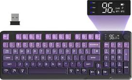 FREEWOLF M96 belaidė membraninė žaidimų klaviatūra, "Bluetooth"/2.4G belaidis valdymas mygtukais, mechaninė, LED apšvietimas, ekranas, PBT klavišų dangtelis, 3000 mAh, "Win/Mac", QWERTY - vynuogių violetinė