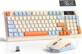 FREEWOLF T96 belaidė klaviatūra ir pelė, "Bluetooth" ir 2.4G, PBT klavišų dangteliai, QWERTY, medijos ratukas, ekranas, tylūs klavišai, apsauga nuo vaiduoklių, įkraunama (mėlyna)