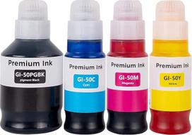 GI-50 GI50 rašalas suderinamas su "Canon Pixma" rašalo kasete GI 50 Multipack suderinama su "Pixma" G1520 G1560 G2520 G2560 G3520 G3560 G1530 G2570 G5050 G6050 G7050 (4 pakuočių pakuotė BK/C/M/Y)
