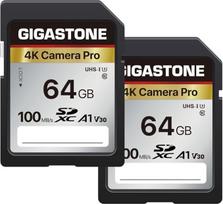 GIGASTONE 64GB SDXC atminties kortelė, 2 vnt., 4K Camera Pro, iki 100MB/s, skirta "Canon Sony Nikon Olympus" skaitmeniniams fotoaparatams, 4K UHD vaizdo įrašymas UHS-I U3 V30 10 klasės