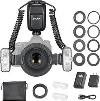 Godox MF-T76 C Mikro-Doppelkopf-Blitz, suderinamas su Cannon fotoaparatais, 76W, GN22.4, TTL Blitz, 1-1/256-Ausgang,Vor-/Hinter-Vorhang-Synchronisierung,mit Batterie,für Mikro-Tier- und Pflanzenfotografie