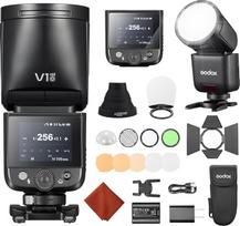Godox V1 Mid O für Olympus V1 Mid-O Kamera Blitz mit Godox AK-R1 Zubehör Kit 55Ws Rundkopf Speedlite TTL Mini Blitz mit Hot Shoe 2,4G HSS 1/8000s Farb-Touchdisplay USB-C Akku Reiseblitz für E-M1 E-P5