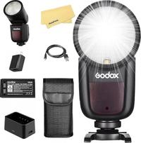 Godox V1-N apvali fotoaparato blykstės galvutė Nikon blykstei + baltas mėlynas, geltonas difuzorius + reflektorius + 20 spalvotų filtrų, 76 Ws 2.4G 1/8000 HSS, 480 nuotraukų su pilna galia, 1,5 s įkrovimo laikas, 2600 mAh