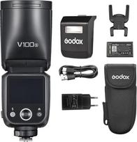 Godox V100S belaidė fotoaparato blykstė 100 W su apvalia galvute Speedlite 1/8000 s 2980 mAh akumuliatorius 1,7 s įkrovimo laikas Įmontuota LED nustatymo lempa su nuimama papildoma blykste + 24 vnt. blykstės gelių "Sony" fotoaparatui