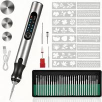 Gravierstift Akku Kabellos 3 Geschwindigkeiten - 5000-18000 U/min, USB-C wiederaufladbar, 37 Zubehörteile, 16 Schablonen, Überlastschutz für Holz Glas Stein Metall