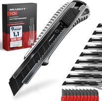 HASKYY Pjaustymo peilis Kilimų peilis Kartono peilis 10 x pjaustymo peilis su 100 x SK5 8 segmentų ašmenimis 18 mm Ergonomiškos formos korpusas su grioveliais, gumuota sukibimo zona ir ašmenų laužikliu