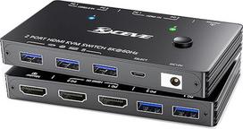 HDMI KVM jungiklis 2 kompiuteriams ir 1 monitoriui, 8K @ 60Hz/4K@120Hz Vieno monitoriaus KVM jungiklis 2 kompiuteriams, skirtas dalytis 2 monitoriais ir USB 3.0 įrenginiais su USB kabeliais, valdikliu ir maitinimo šaltiniu