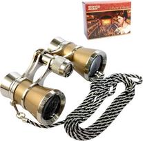 HQRP 3 x 25 operos / teatro akinių žiūronas su krištolo skaidrumo optika (CCO), aukso spalvos, su sidabro apvadais ir grandinėle ant kaklo, su centriniu fokusavimu