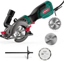 HYCHIKA mini diskinis pjūklas 750 W 3500 aps./min su 3 pjūklais (115 ir 125 mm), liniuote, pjovimo gylis 48 mm (90°), 32 mm (45°), kompaktiškas diskinis pjūklas medienai, plytelėms ir minkštajam metalui
