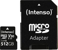 Intenso Amazon.de Profesionali microSDHC 512GB 10 klasės UHS-I, U3, V30 atminties kortelė su SD adapteriu 4K, GoPro, Insta 360, DJI, Steam Deck, dronui, veiksmo kamerai, juoda