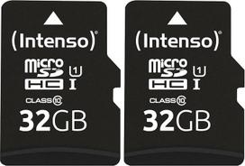 Intenso Premium microSDHC 32GB 10 klasės UHS-I greičio kortelė inkl. SD adapteris (iki 90MB/s), juodos spalvos (2 vnt. pakuotėje)